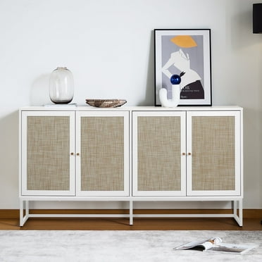Giratree 60" Sideboard Buffet Cabinet, Storage Cabinet with 4 Textilene Doors, White