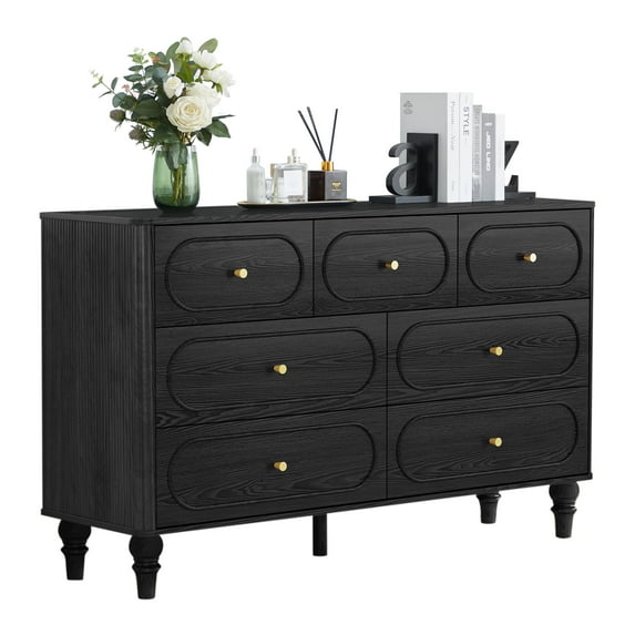 YOCWO 7 Drawer Fluted Dresser for Bedroom, Mid Century Chest of Drawers with Arc Edge, Wood Storage Large Dresser Organizer for Bedroom Living Room Hallway Closet, Black