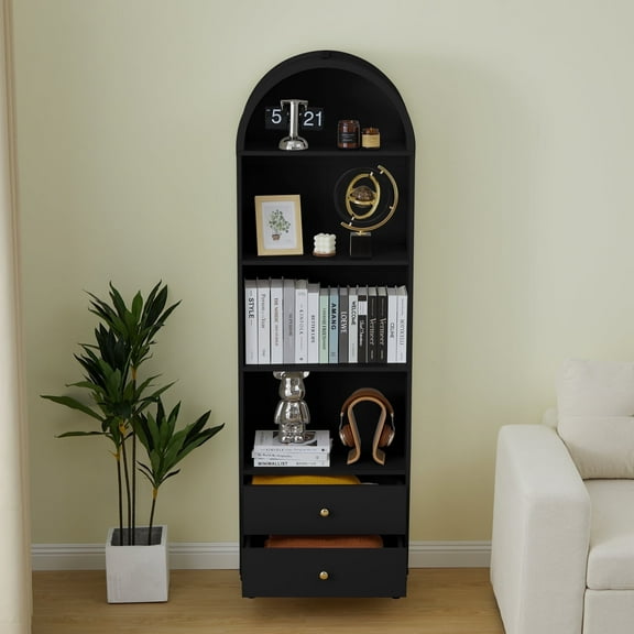 YOCWO 75" Tall Arched Bookcases with 2 Large Drawers & 4 Shelves, Wooden Bookshelf for Living Room Office, Black