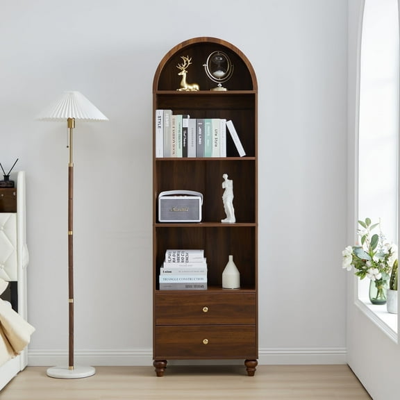 YOCWO 75" Tall Arched Bookcases with 2 Large Drawers & 4 Shelves, Wooden Bookshelf for Living Room Office, Walnut