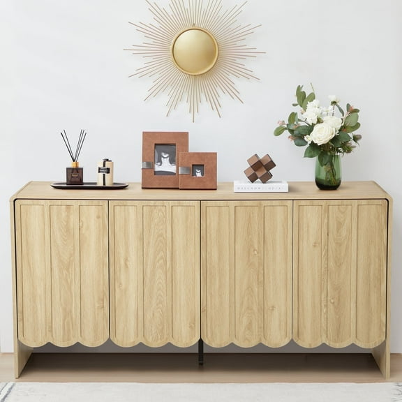 YOCWO Beige Sideboards and Buffets, Wave Panel Buffet Storage Cabinet with 4 Doors and Adjustable Shelf for Kitchen Living Room Entryway