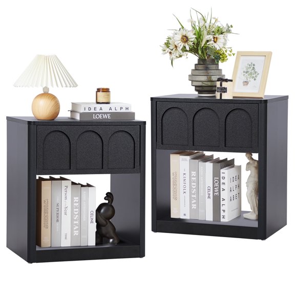 YOCWO Black Nightstand Set of 2 with Drawer for Bedroom, Wood Bedside Table with Arched Fluted