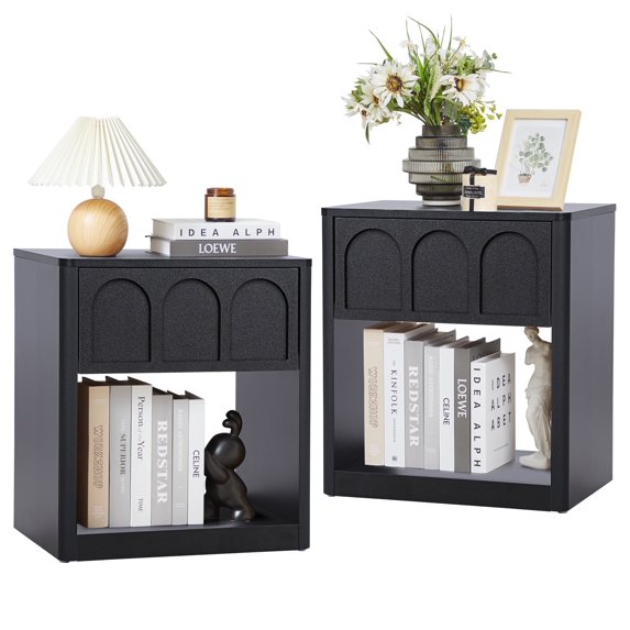 YOCWO Black Nightstand Set of 2 with Drawer for Bedroom, Wood Bedside Table with Arched Fluted