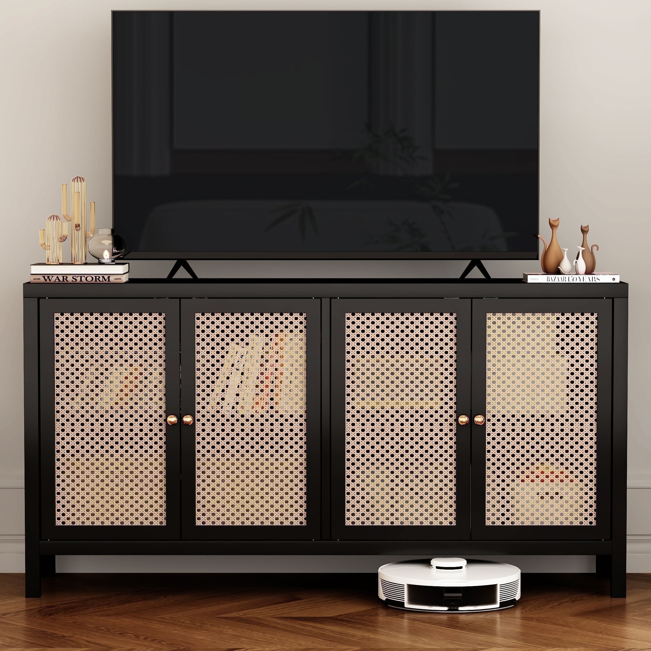 YOCWO Black Rattan with Doors, Sideboard Buffet for