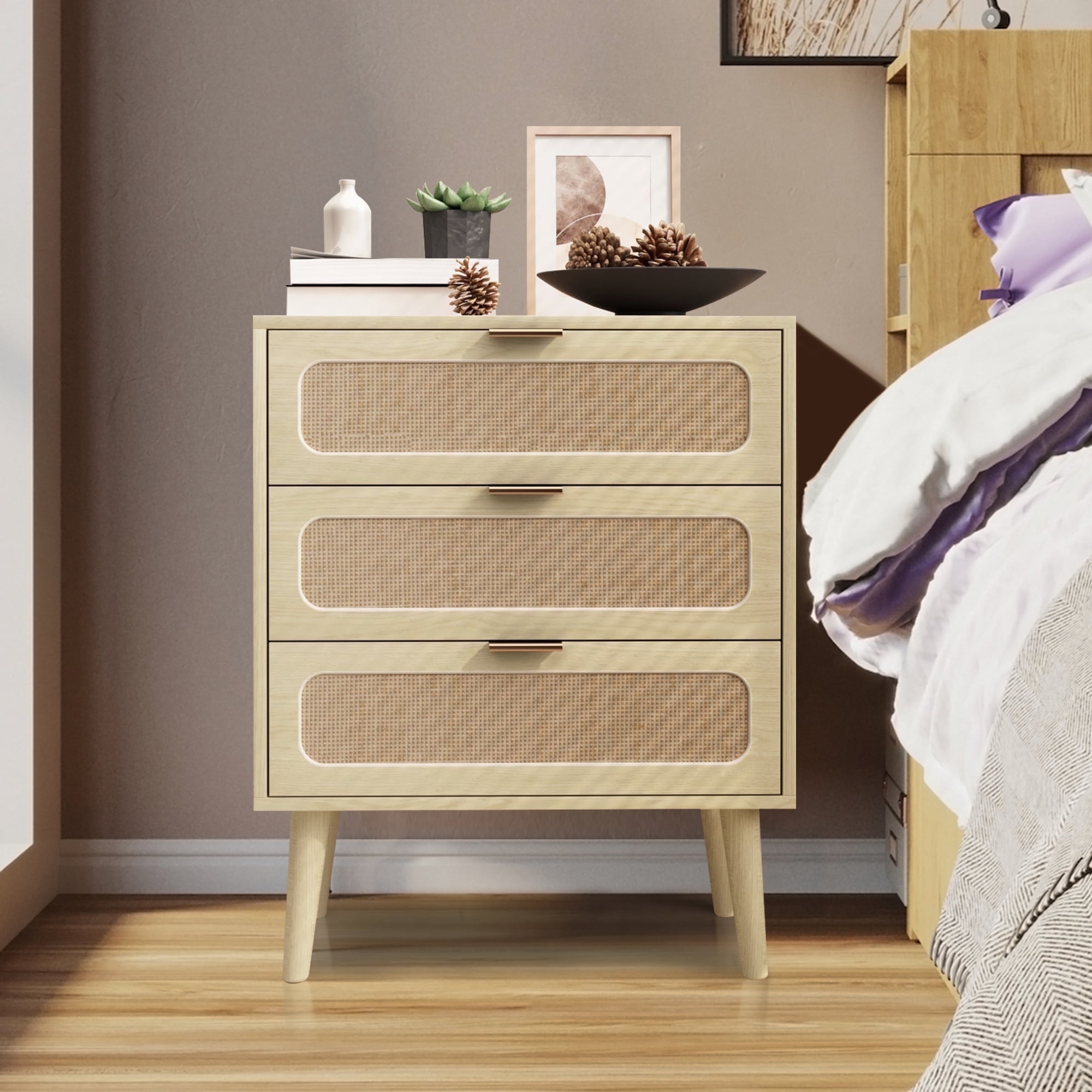 Giratree Rustic 3-Drawer Wooden Dresser, Rattan Nightstand with