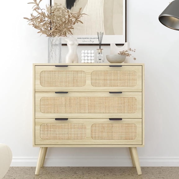 YOCWO Farmhouse 3 Drawer Rattan Dresser, Natural, 32" Wide