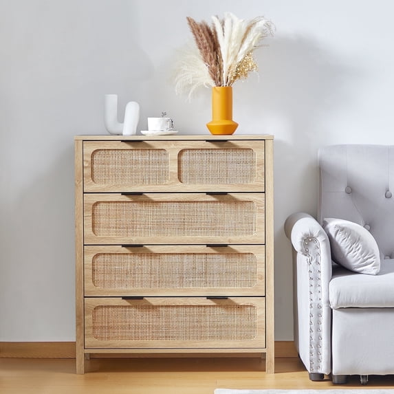 YOCWO Farmhouse 4 Drawer Rattan Dresser, Natural, 30" Wide