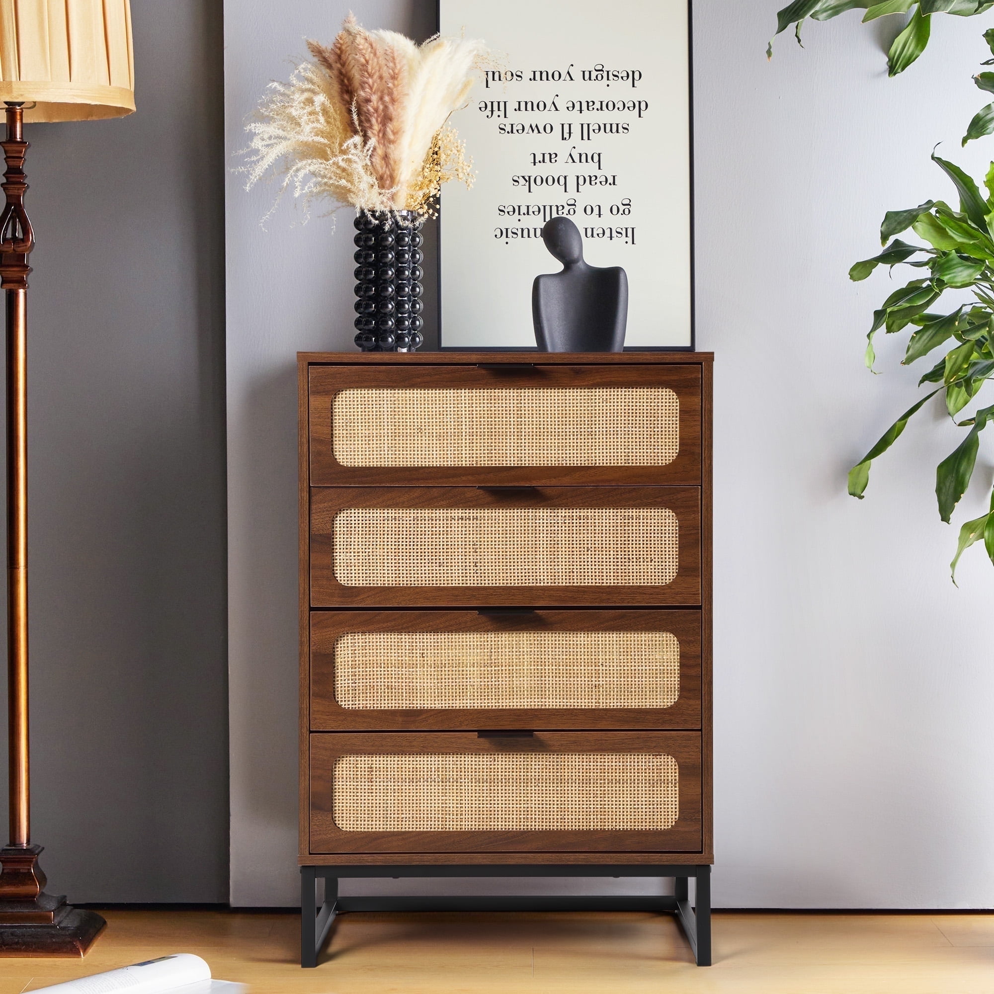"Giratree 24"" 4 Drawer Dresser, Rattan Chest, Farmhouse Wood Storage ...