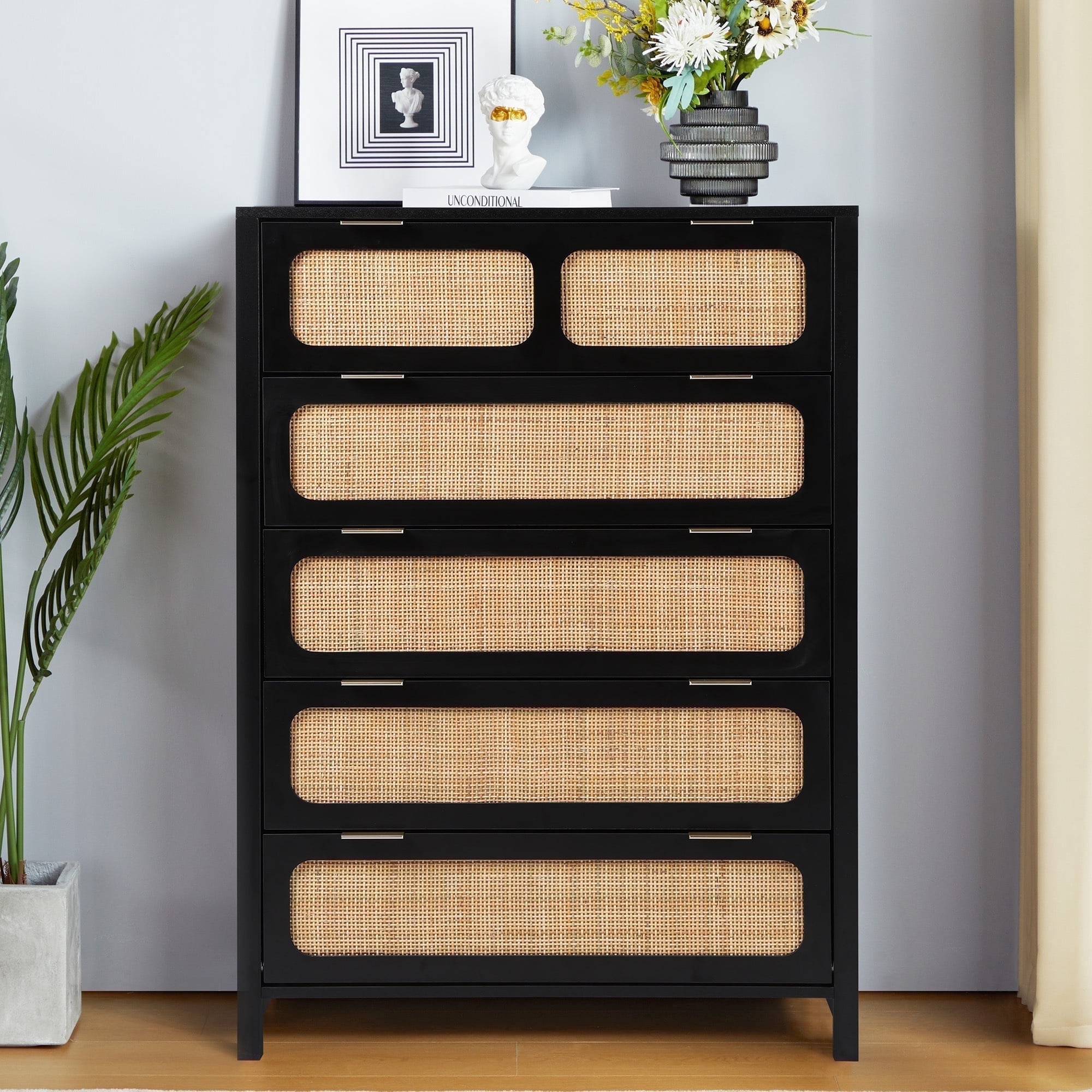 Giratree Farmhouse 5 Drawer Rattan Dresser, Black, 32" Wide - Walmart.com