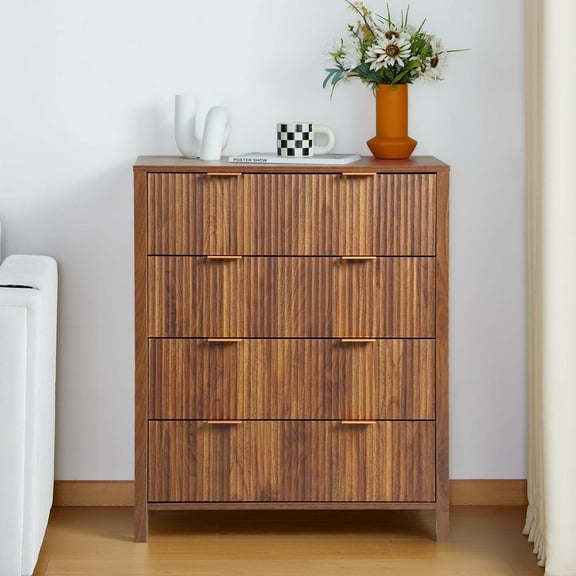 YOCWO Fluted 4 Drawer Dressers for Bedroom, 30" Wide Modern Chest of Drawer with 4 Big Drawers, Walnut