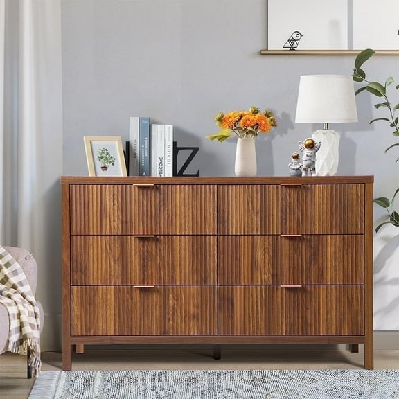 YOCWO Fluted 6 Drawer Dressers for Bedroom, 48" Wide Modern Chest of Drawer with 6 Big Drawers, Walnut