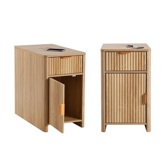 YOCWO Fluted Narrow Nightstand Set of 2 with Charging Station for Bedroom, Wood End Table with Drawer and Door for Living Room, Beige