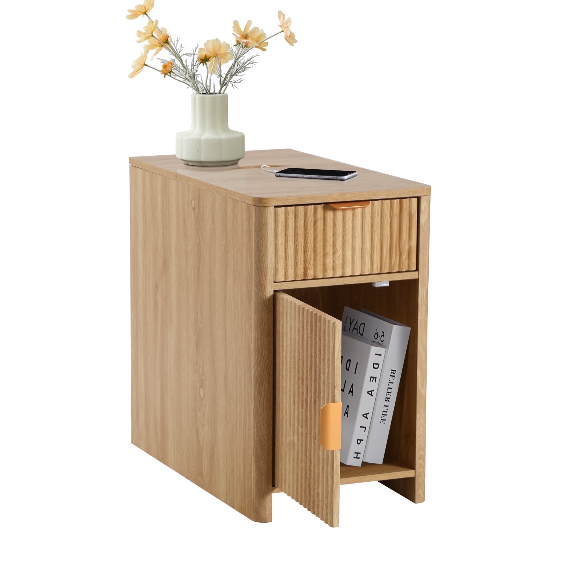 YOCWO Fluted Narrow Nightstand with Charging Station for Bedroom, Wood End Table with Drawer and Door for Living Room, Beige