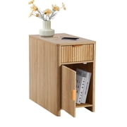 YOCWO Fluted Narrow Nightstand with Charging Station for Bedroom, Wood End Table with Drawer and Door for Living Room, Beige