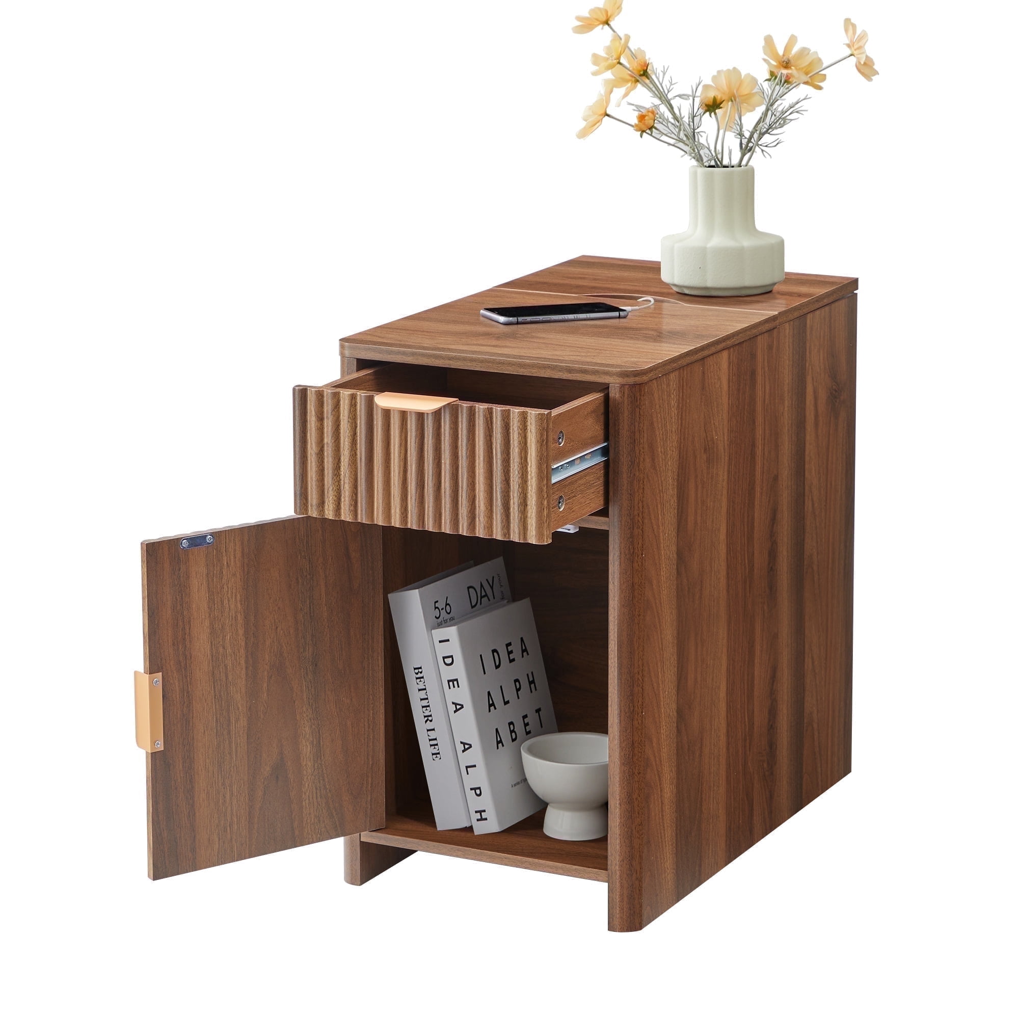 YOCWO Fluted Narrow Nightstand with Charging Station for Bedroom, Wood End Table with Drawer and Door for Living Room, Walnut