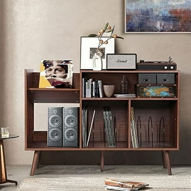 YOCWO Large Record Player Stand, Mid Century Concord Turntable Stand Table Holds up to 350 Albums, Vinyl Record Storage Cabinet with Wood Legs for Living Room Bedroom Office, Walnut