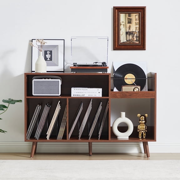 YOCWO Large Record Player Stand, Mid Century Concord Turntable Stand Table Holds up to 350 Albums, Vinyl Record Storage Cabinet with Wood Legs for Living Room Bedroom Office, Walnut