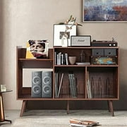 YOCWO Large Record Player Stand, Mid Century Concord Turntable Stand Table Holds up to 350 Albums, Vinyl Record Storage Cabinet with Wood Legs for Living Room Bedroom Office, Walnut