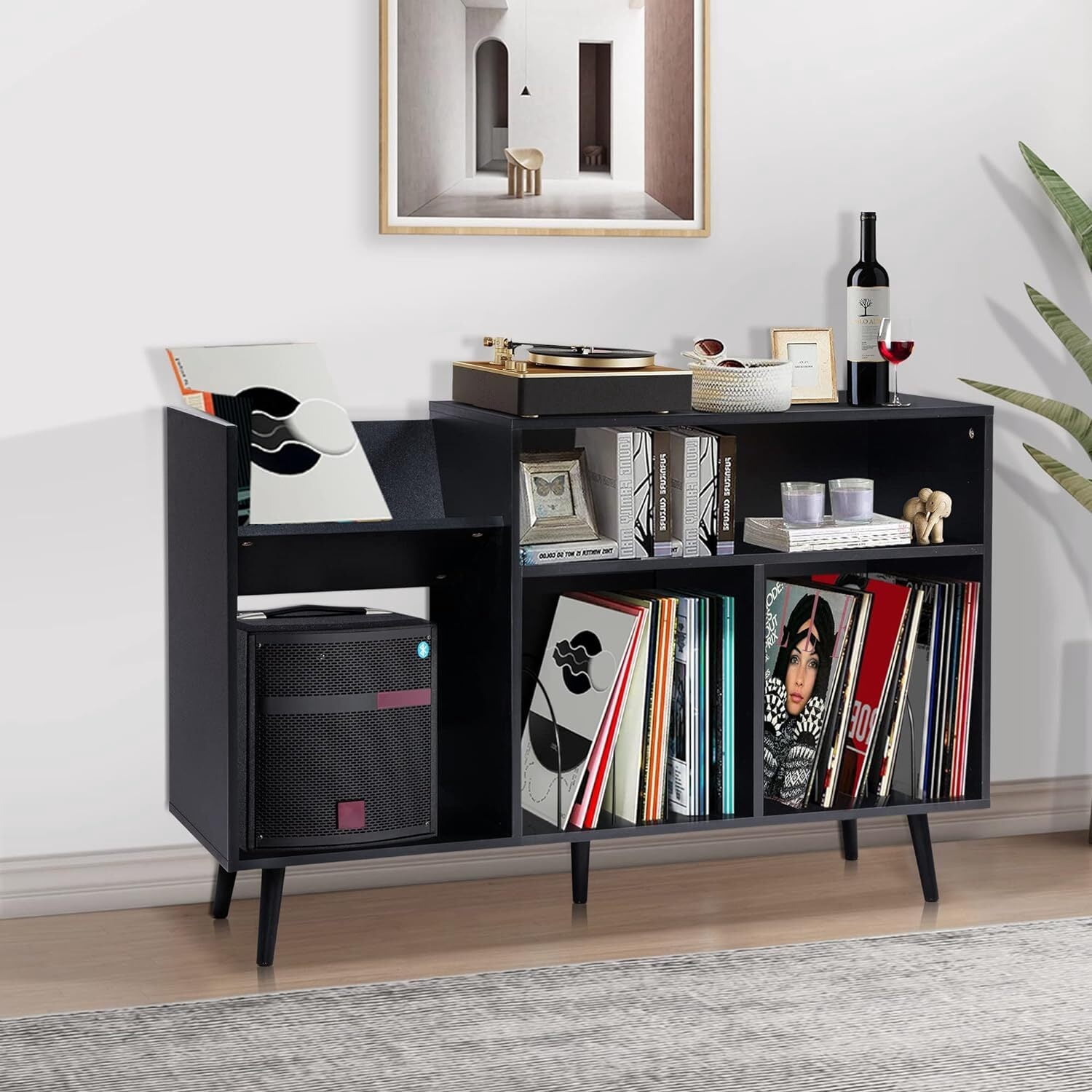 Giratree Large Record Player Stand, Mid Century Concord Turntable Stand Table Holds up to 350 Albums, Vinyl Record Storage Cabinet with Wood Legs for Living Room Bedroom Office, Black