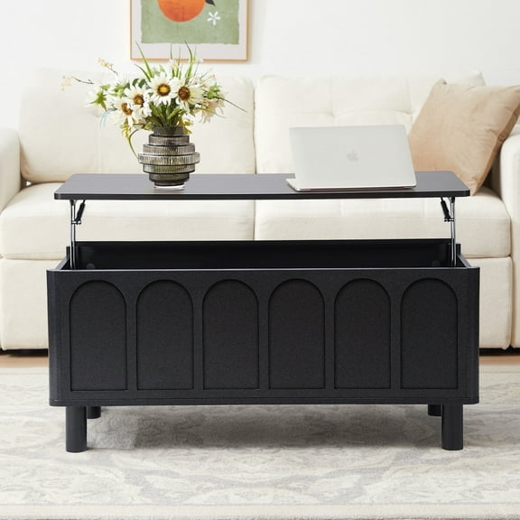 YOCWO Lift Top Coffee Table with Hidden Compartment & Storage Shelve, Arched Fluted Coffee Table for Living Room, Black