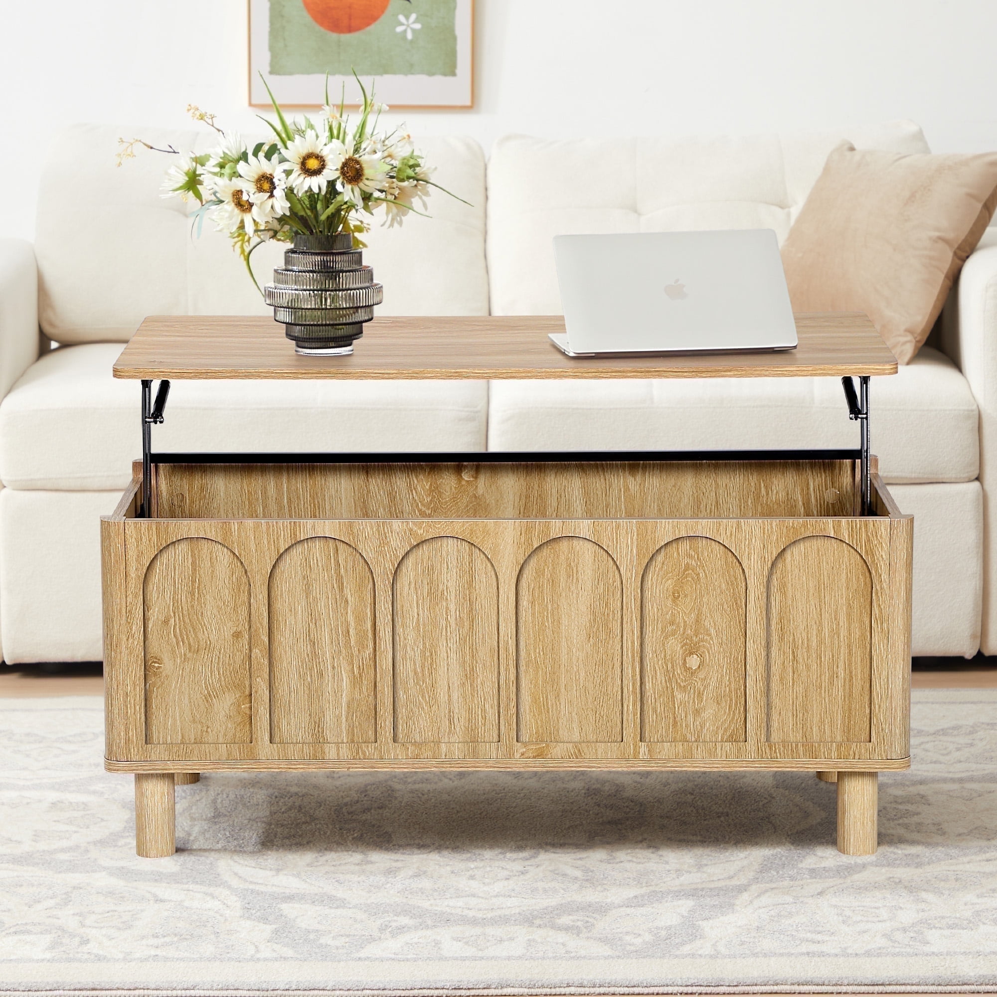 YOCWO Lift Top Coffee Table with Hidden Compartment & Storage Shelve, Arched Fluted Coffee Table for Living Room, Oak