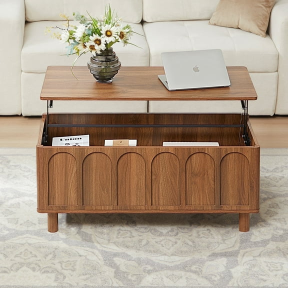 YOCWO Lift Top Coffee Table with Hidden Compartment & Storage Shelve, Arched Fluted Coffee Table for Living Room, Walnut