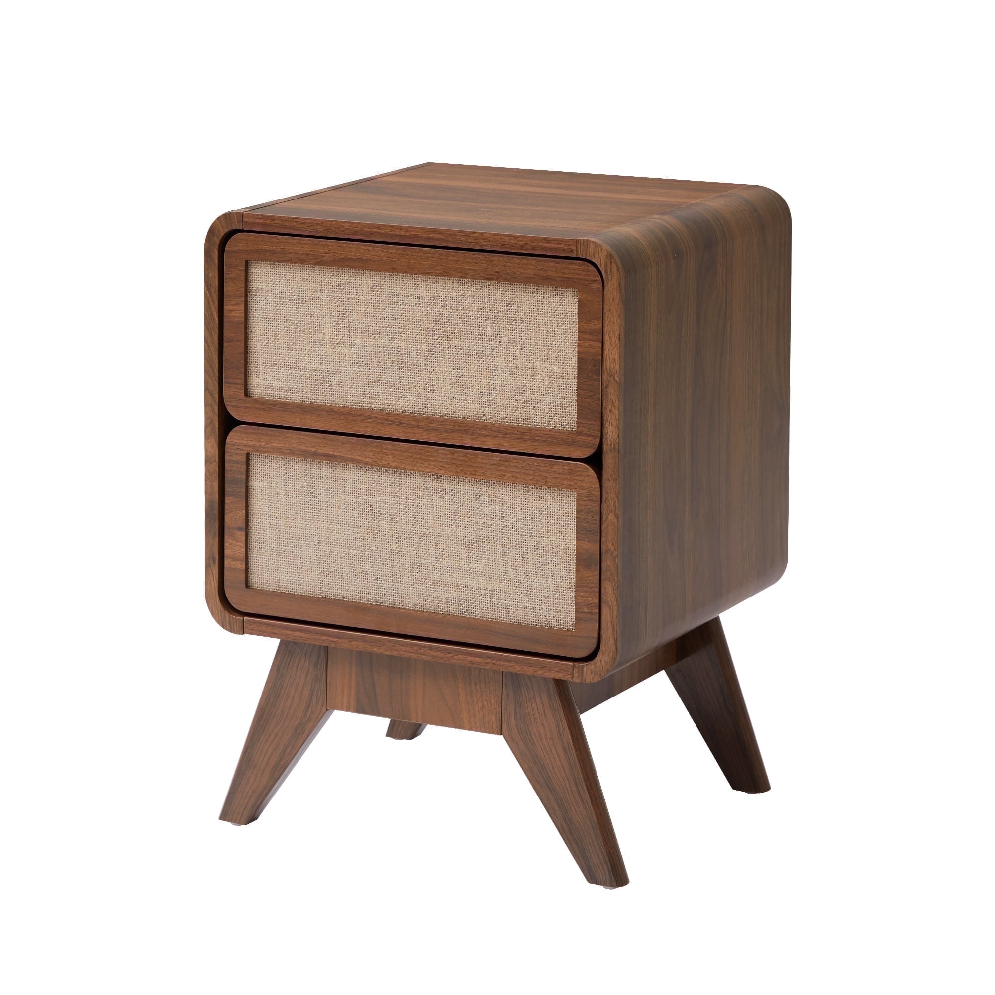 YOCWO Linen Nightstand with 2 Drawer for Bedroom, Mid Century Bedside Table with Curved Edges, Walnut, 15.75"W, 21.66"H