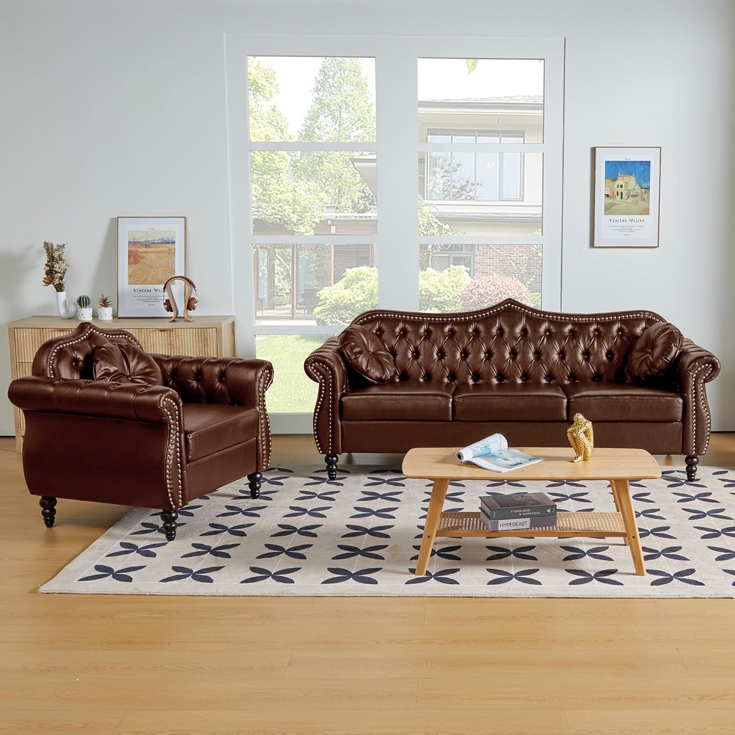 YOCWO Living Room Furniture Sets, Chesterfield 2 Piece Sofa Set, Faux Leather Couch, Brown