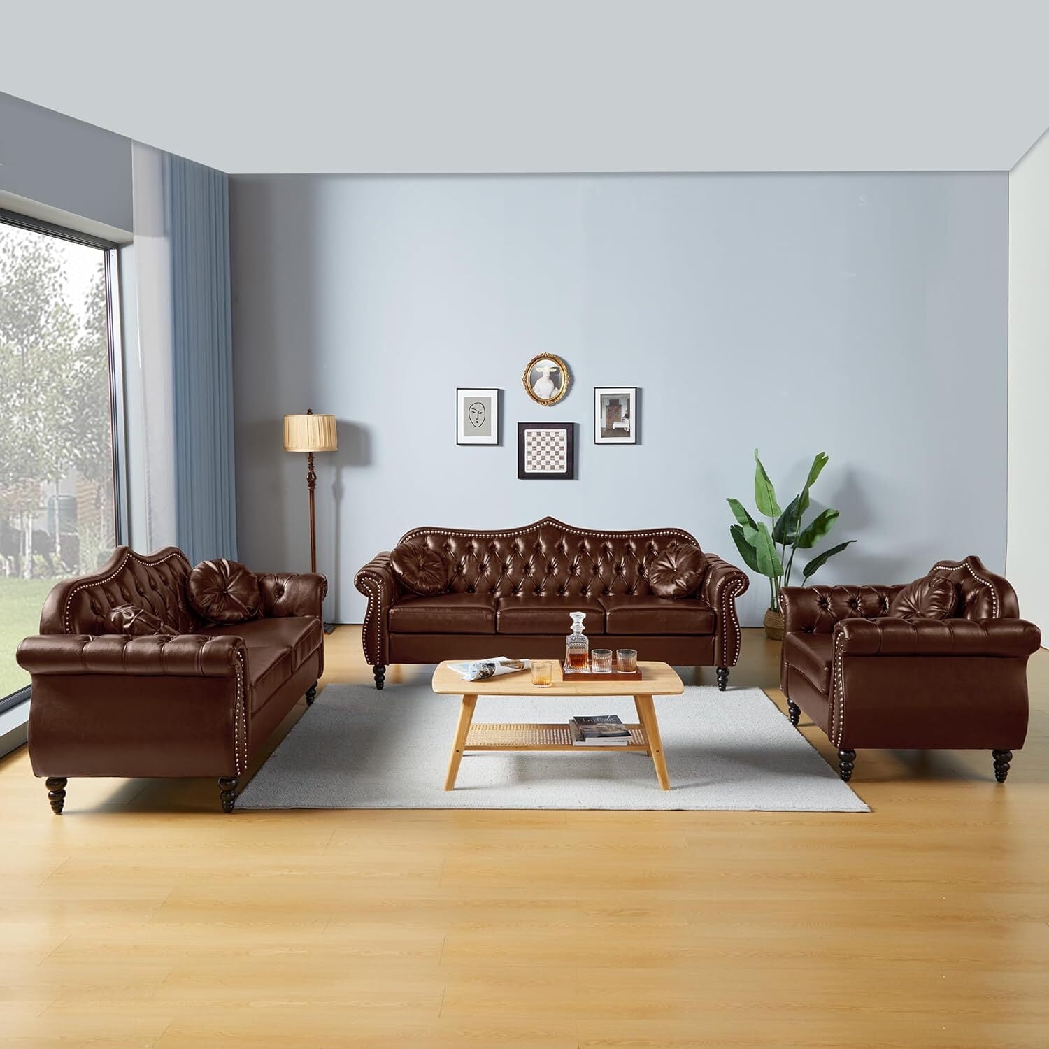 Giratree Living Room Furniture Sets Chesterfield 3 Piece Sofa Set Faux Leather Couch Brown