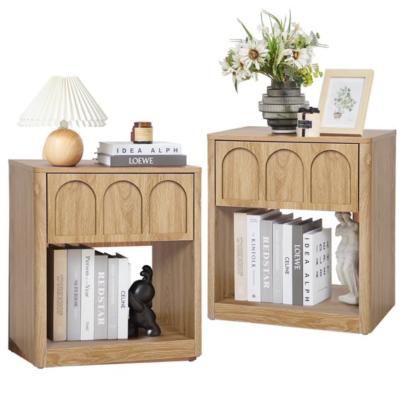 YOCWO Oak Nightstand Set of 2 with Drawer for Bedroom, Wood Bedside Table with Arched Fluted