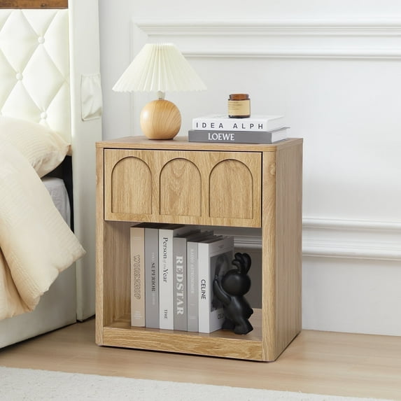 YOCWO Oak Nightstand with Drawer for Bedroom, Wood Bedside Table with Arched Fluted and Open Storage