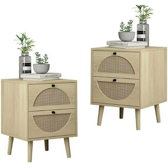 Giratree Rattan Nightstand Set of 2 with 2 Drawer for Bedroom, Beige
