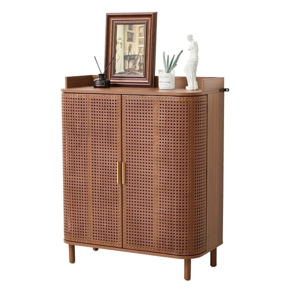 YOCWO Rattan Shoe Storage Cabinet with Doors, Shoe Closet with Iron Rattan Curved Surface, Walnut