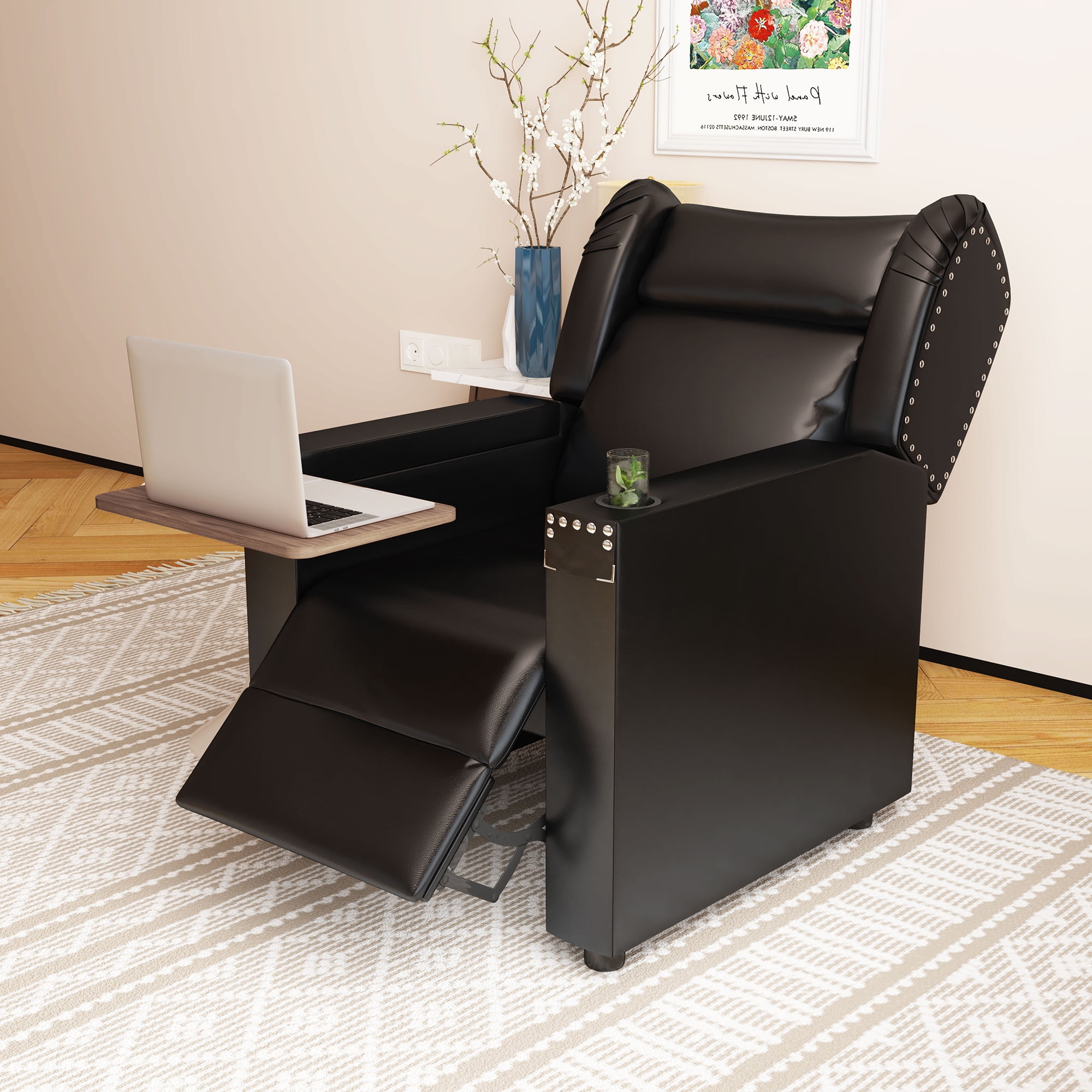 Giratree Recliner Chair with Cup Holder and Table Adjustable Backrest Faux Leather Black