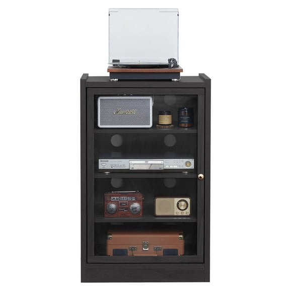 YOCWO Record Player Stand, 4 Tier Media Storage Cabinet with Adjustable Shelves and Acrylic Door, Black