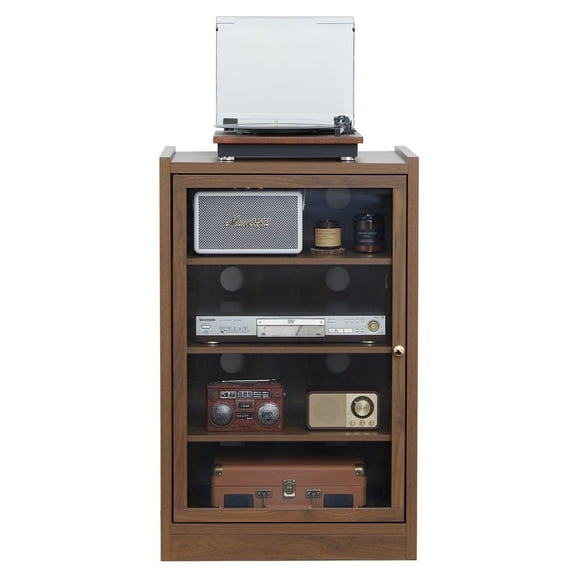 YOCWO Record Player Stand, 4 Tier Media Storage Cabinet with Adjustable Shelves and Acrylic Door, Walnut