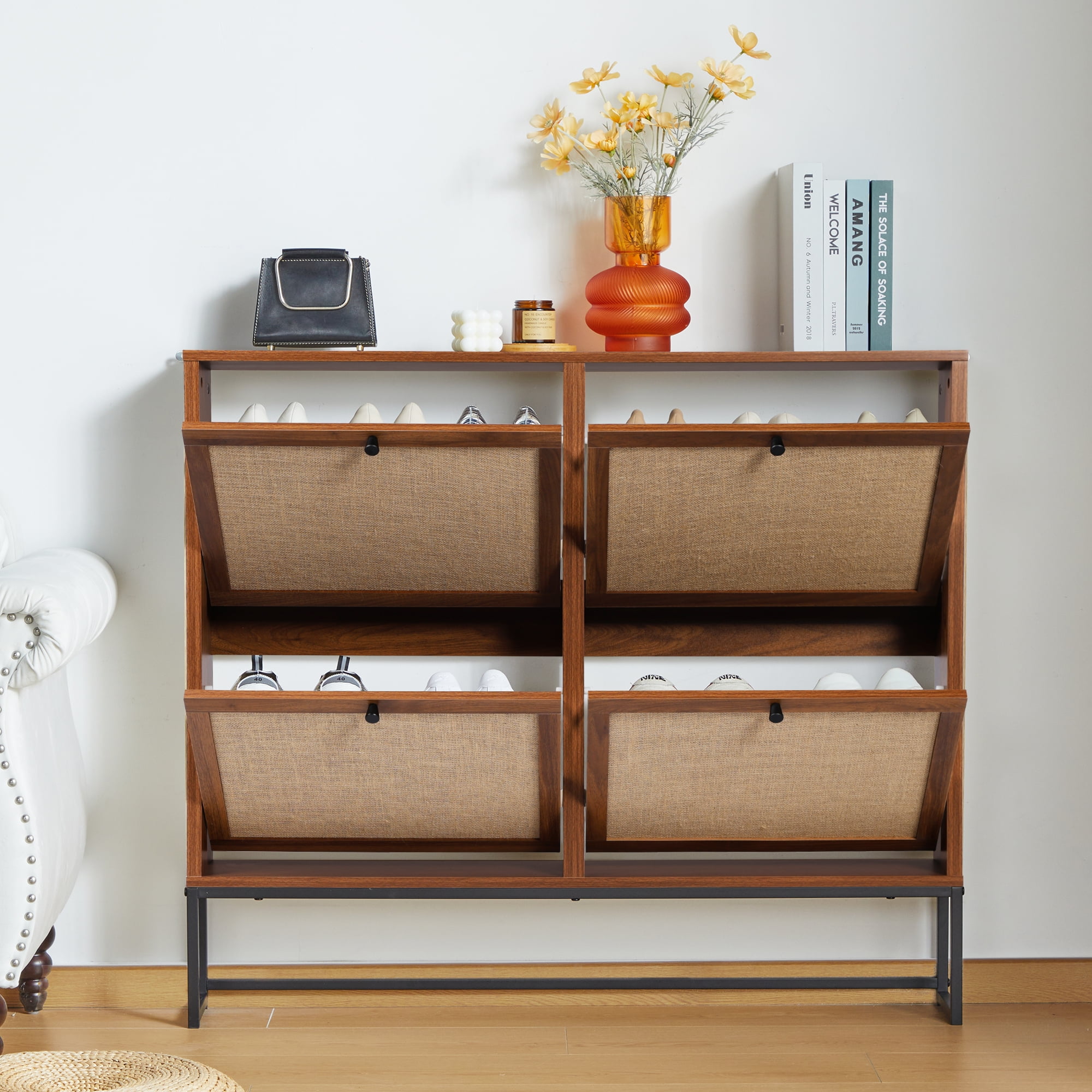 Giratree 4 Drawer Flip Down Shoe Cabinet Narrow Entryway Storage Walnut Walmart