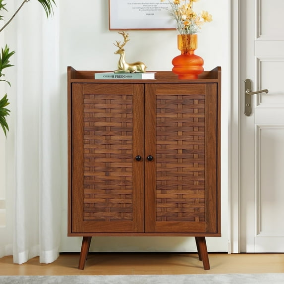 Giratree Shoe Cabinet with Doors, Entryway Shoe Storage Cabinet with Adjustable Shelves, 4-Tier, Walnut