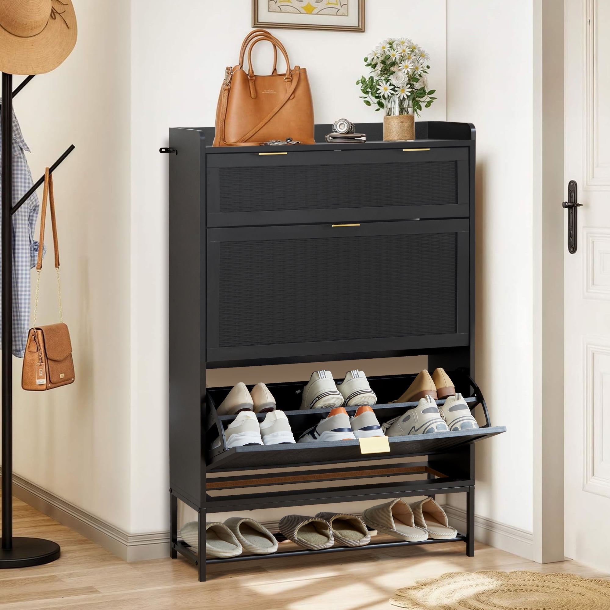 Giratree Shoe Storage Cabinet with 2 Flip Doors and 1 Drawer for Entryway Natural 31.5 6.06 46.85 Walmart