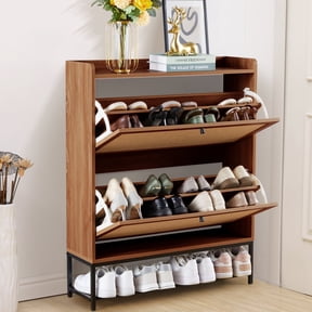 YOCWO Shoe Storage Cabinet with Flip Drawers for Entryway, Shoe Rack Organizer with Open Shelf, Walnut