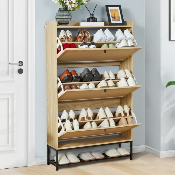 YOCWO Shoe Storage Cabinet with Flip Drawers for Entryway, Shoe Rack Organizer with Open Shelf, Natural