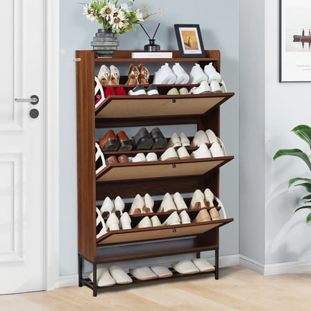 YOCWO Shoe Storage Cabinet with Flip Drawers for Entryway, Shoe Rack Organizer with Open Shelf, Walnut