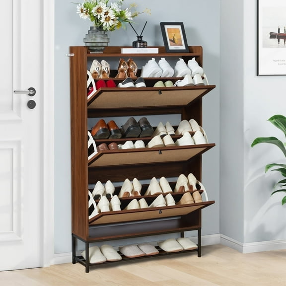 YOCWO Shoe Storage Cabinet with Flip Drawers for Entryway, Shoe Rack Organizer with Open Shelf, Walnut