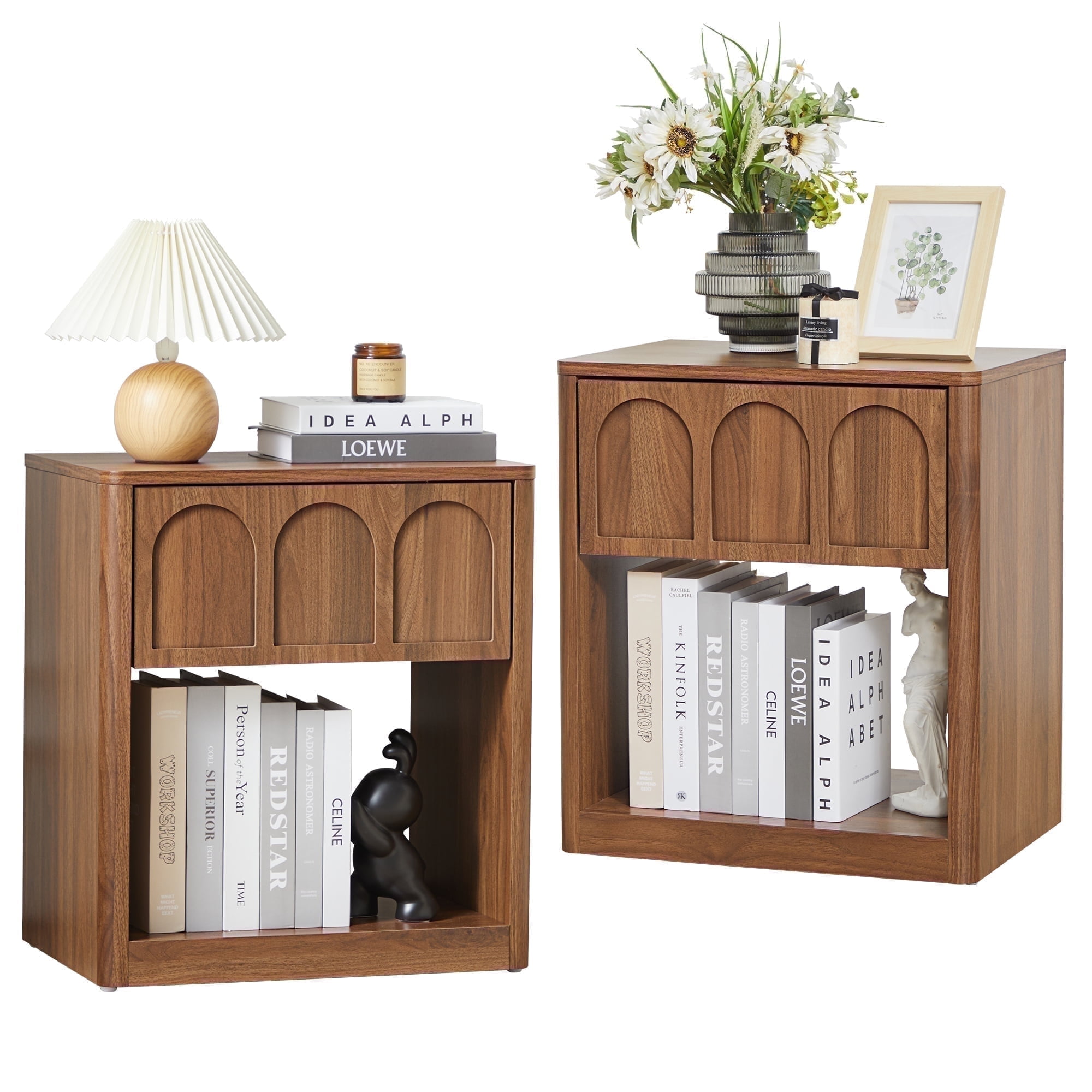YOCWO Walnut Nightstand Set of 2 with Drawer for Bedroom, Wood Bedside Table with Arched Fluted