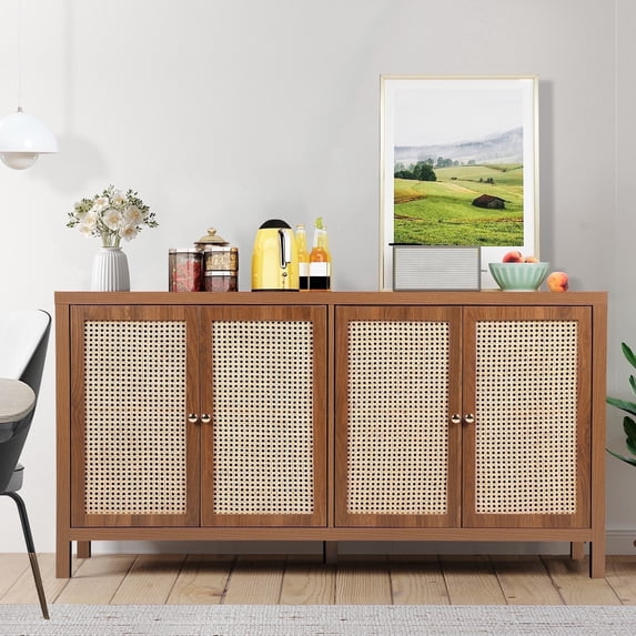 YOCWO Walnut Rattan Cabinets with Doors, Sideboard Buffet Cabinet for Living Room Entryway Kitchen