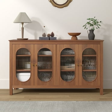 YOCWO Walnut Sideboards and Buffets, Modern Storage Cabinets with 4 Doors and Adjustable Shelves Buffet Cabinet for Kitchen Dining Room Living Room Bedroom, 55.12"L*15.75"W*31.50"H