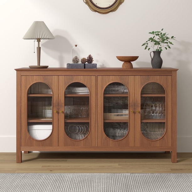 YOCWO Walnut Sideboards and Buffets, Modern Storage Cabinets with 4 Doors and Adjustable Shelves Buffet Cabinet for Kitchen Dining Room Living Room Bedroom, 55.12