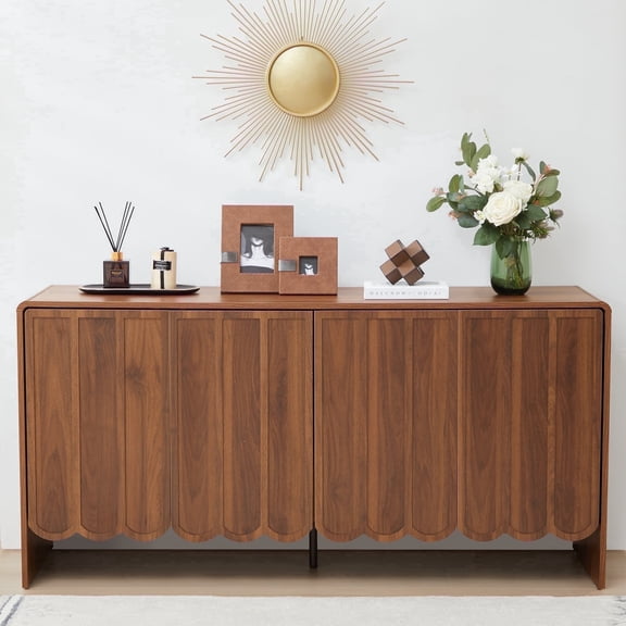 YOCWO Walnut Sideboards and Buffets, Wave Panel Buffet Storage Cabinet with 4 Doors and Adjustable Shelf for Kitchen Living Room Entryway