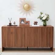 YOCWO Walnut Sideboards and Buffets, Wave Panel Buffet Storage Cabinet with 4 Doors and Adjustable Shelf for Kitchen Living Room Entryway