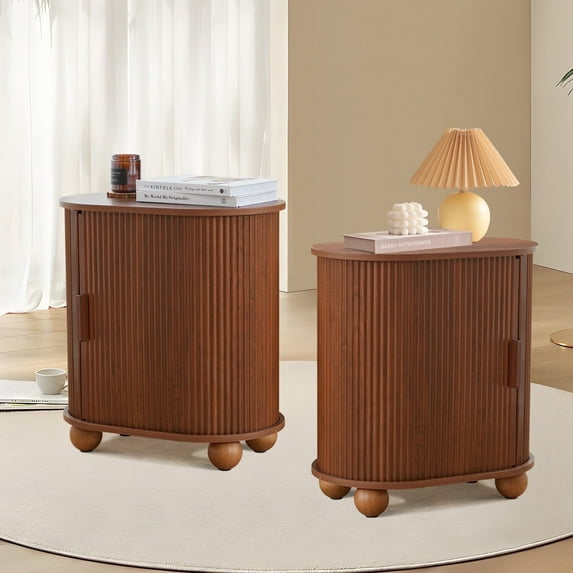 YOCWO Walnut Storage End Table Set of 2, Living Room Side Tables with Sliding Door